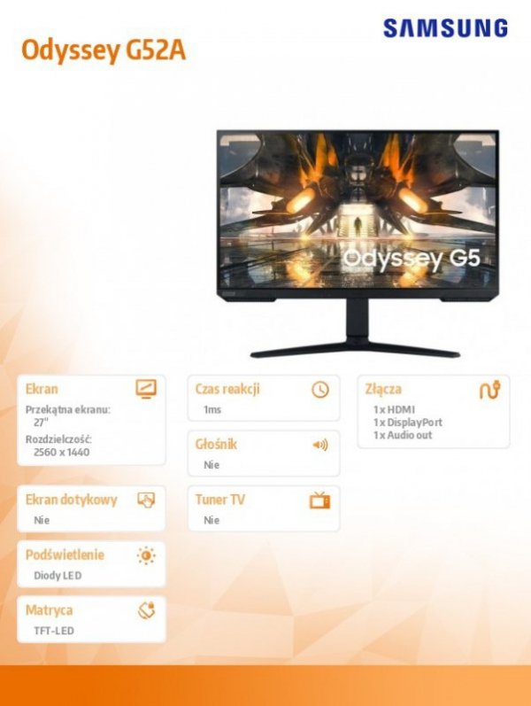 Monitor 27 cali LS27AG520NUXEN IPS 2560x1440 WQHD 16:9 1xHDMI/1xDP 1 ms (MPRT) płaski HAS+PIVOT 165Hz Gaming 2 lata d2d