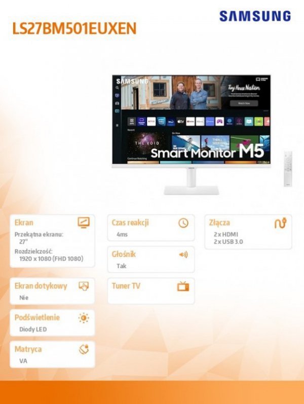 Monitor 27 cali LS27BM501EUXEN VA 1920x1080 FHD 16:9 2xHDMI 4 ms (GTG) głośniki płaski biały SMART 2 lata d2d
