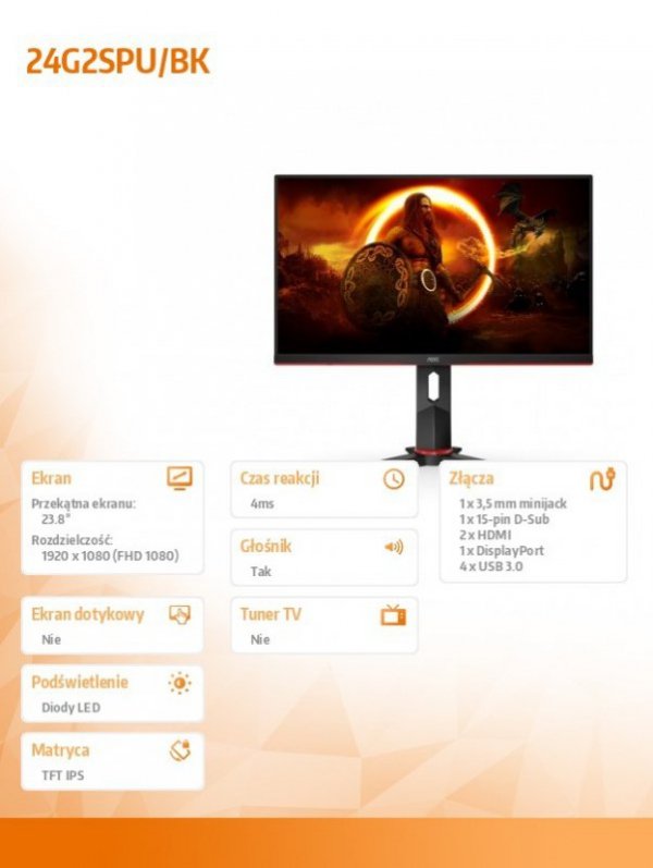 Monitor 23,8 cali 24G2SPU 165Hz IPS HDMIx2 DP Pivot