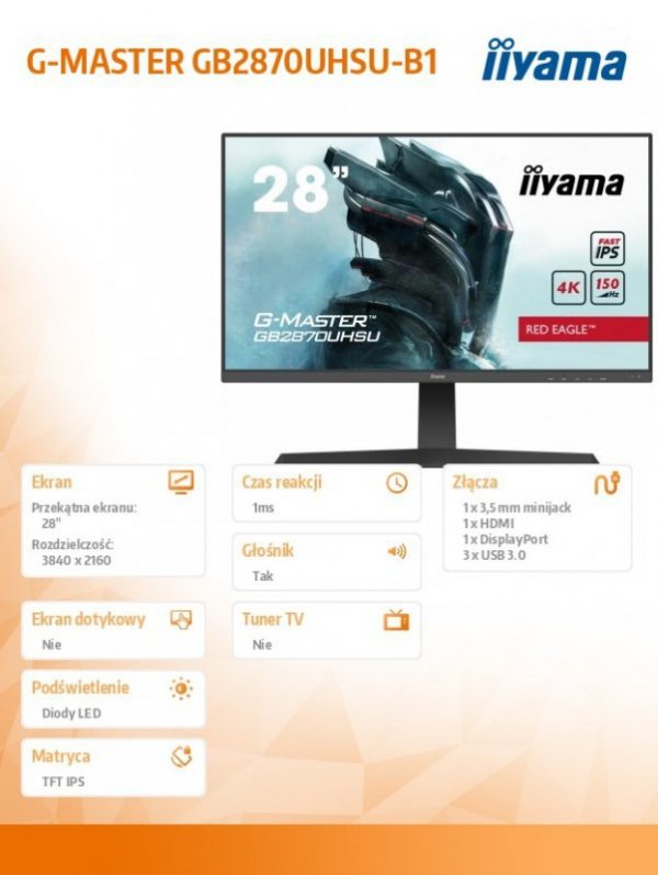 Monitor 28 cali GB2870UHSU 4K, HDMI, DP, 150Hz, USB3.0, HAS, HDR400, 2x2W