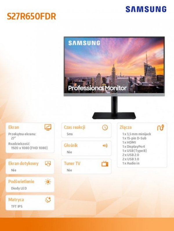 Monitor 27 cali LS27R650FDRXEN IPS 1920x1080 FHD 16:9 1xD-sub 1xHDMI  1xDP 2xUSB 3.0, 2xUSB 2.0 5ms HAS+PIVOT płaski 3 lata on-s