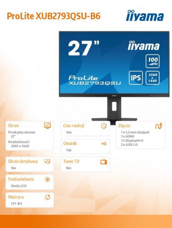 Monitor 27 cali ProLite XUB2793QSU-B6 IPS,QHD,HAS(150mm),100Hz,HDMI,DP,2x2W   2xUSB(3.2),FreeSync