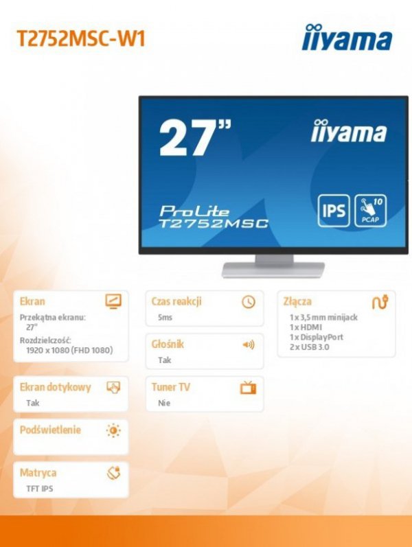 Monitor 27 cali T2752MSC-W1 10 PKT. POJ,IPS,HDMI,DP,2x2USB(3.2),2x1W400cd/m2,7H