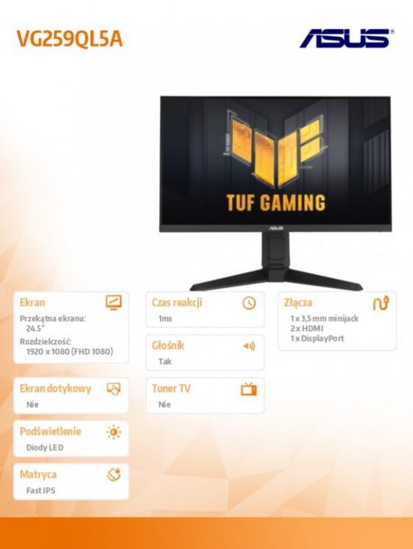 Monitor 25 cali VG259QL5A IPS 200Hz HDMI DP H0-120