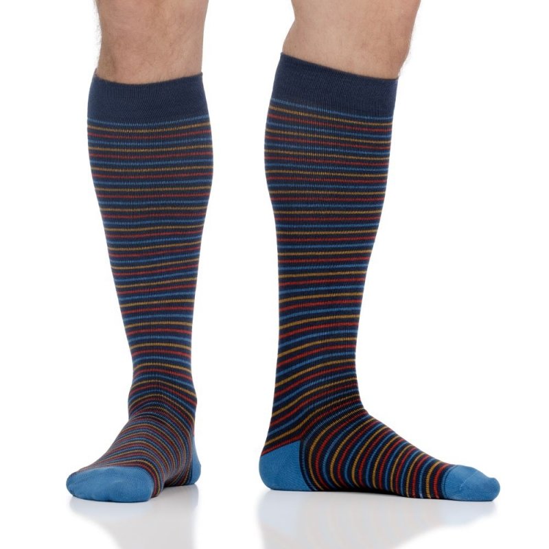 VIM&amp;VIGR - podkolanówki uciskowe II stopnia kompresji - WEŁNA MERINO - granatowe w kolorowe paski