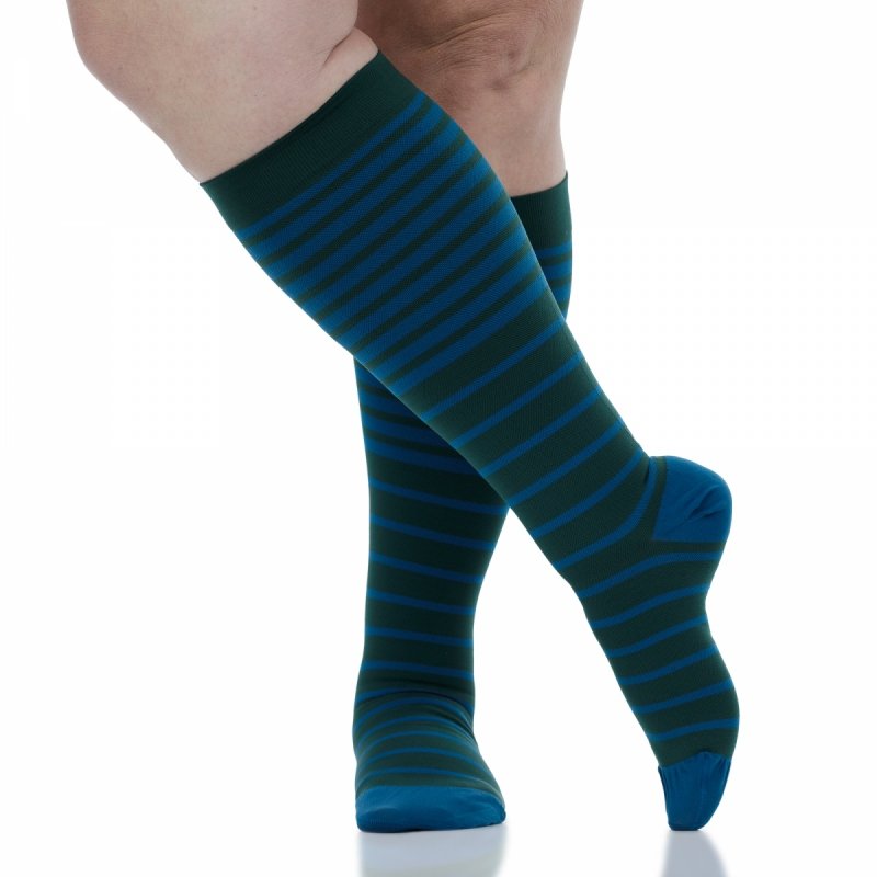 VIM&amp;VIGR - podkolanówki uciskowe II stopnia kompresji - NYLON - butelkowa zieleń w morskie paski