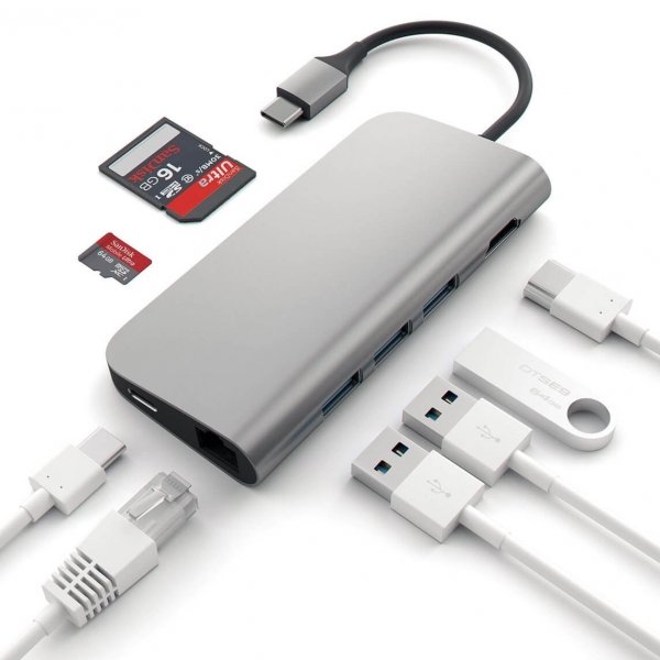 Satechi USB-C Multiport Ethernet HUB - 3xUSB 3.0 / Ethernet / HDMI / USB-C (PD) / SD / microSD Space Gray / (gwiezdna szarość)