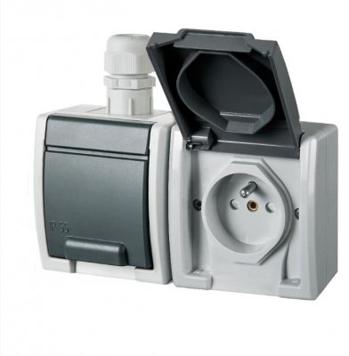 AQUANT 2K SZARY GNIAZDO NT 2X Z/U Z KLAPKĄ IP65 ZACISKI ŚRUBOWE 16A 250V