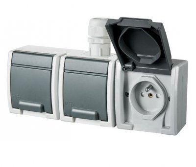 AQUANT 2K SZARY GNIAZDO NT 3X Z/U Z KLAPKĄ IP65 ZACISKI ŚRUBOWE 16A 250V