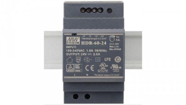 Zasilacz na szynę DIN 24V 2,5A 60W uniwersalny HDR MEAN WELL