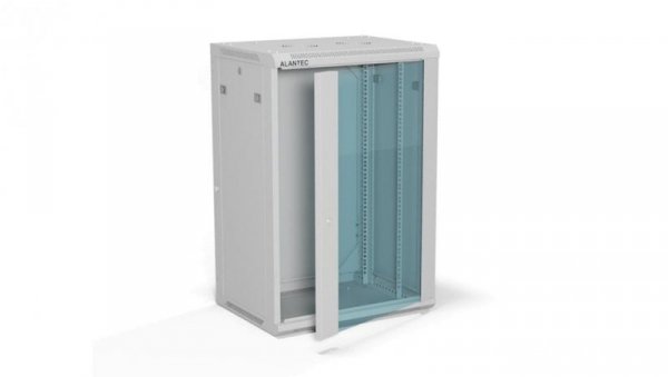 Szafa rack wisząca 19 cali 18U 600x450, drzwi szklane, tył i osłony boczne demontowalne, FLAT PACK kolor szary ALANTEC