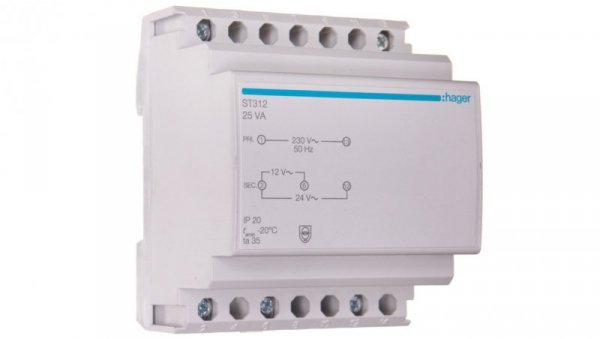 Transformator bezpieczeństwa modułowy 230/12-24V AC 1,04-2,08A 25VA IP20 ST312