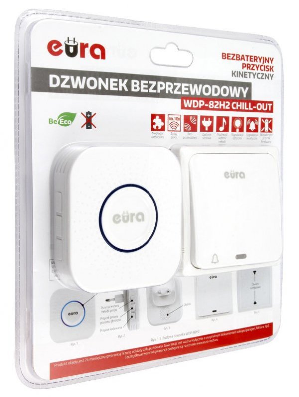 DZWONEK BEZPRZEWODOWY &#039;&#039;EURA&#039;&#039; WDP-82H2bezbateryjny, przycisk (kinetyczny), możliwość rozbudowy