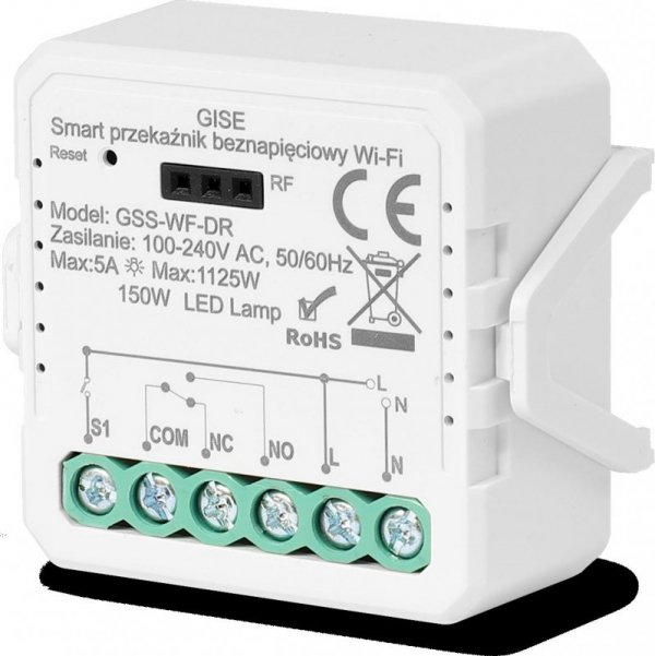 GISE Smart Pojedynczy moduł przekaźnikowy bezpotencjałowy WiFi | Tuya | GSS-WF-DR