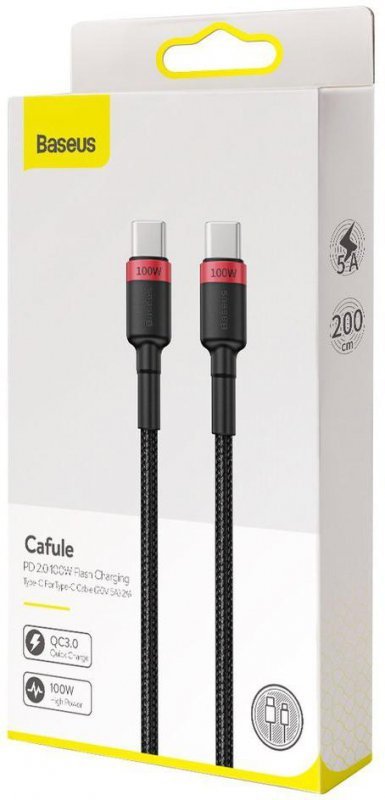KABEL USB-C / USB-C Baseus Cafule CATKLF-AL91 200cm 100W 5A PD 2.0 QC 3.0 CZARNY W OPLOCIE