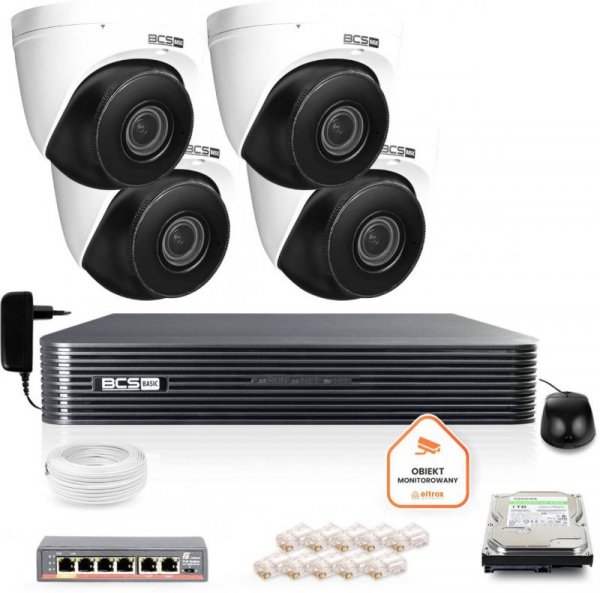 Zestaw monitoringu IP BCS Basic 4x Kamera BCS-B-EIP45VSR3(2.0) Rejestrator z dyskiem