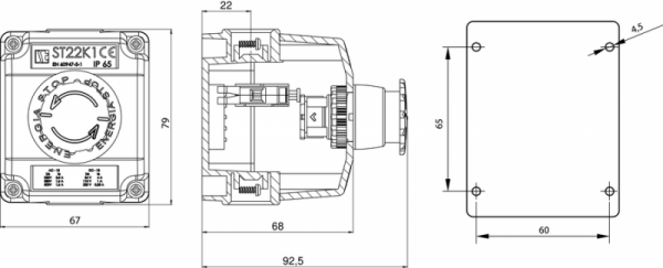 ST22K105-1 OBUDOWA KASETA 1X Z PRZYCISKIEM GRZYBOWYM "STOP" 1-DŁAWICA 1R PRZEZ OBRÓT CZERWONY ŻÓŁTY