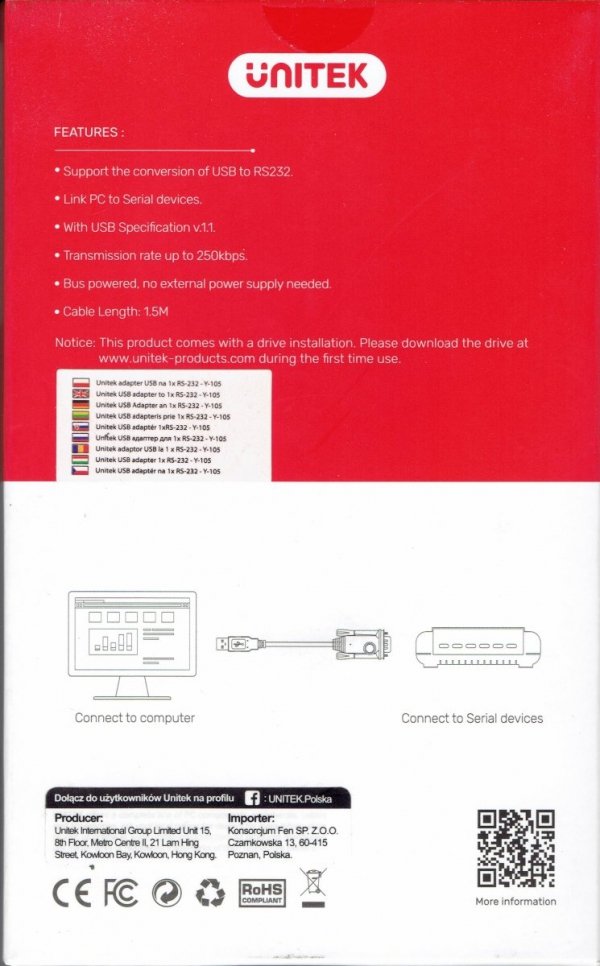 Kabel adapter Unitek Y-105 USB 2.0 do RS-232
