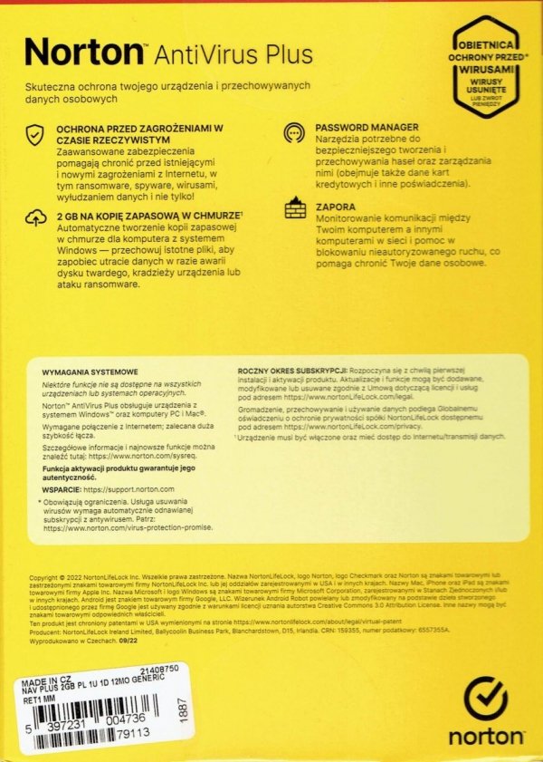Oprogramowanie NORTON Antivirus Plus 2GB PL 1 użytkownik, 1 urządzenie, 1 rok