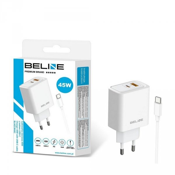 Ładowarka sieciowa Beline 45W 1xUSB-C + 1xUSB GaN PD 3.0 QC 3.0 + kabel USB-C/USB-C - biała
