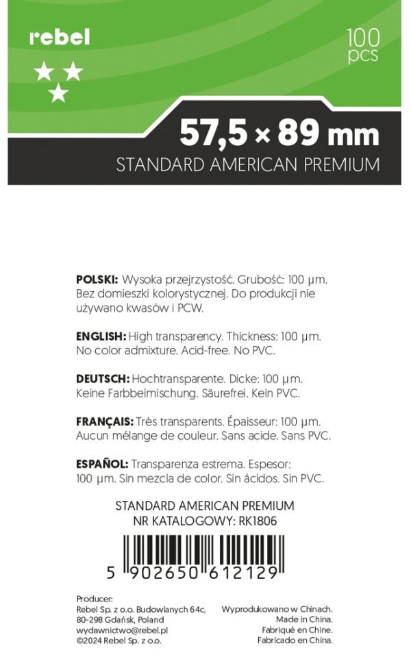 Koszulki na karty Rebel (57,5x89 mm) Orion Premium, 100 sztuk