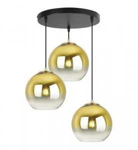 Lampa wisząca na okrągłej podsufitce 30 cm, 3 klosze szklane złote kule 20 cm, E27