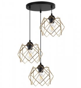 Lampa wisząca sufitowa STELLA, potrójny żyrandol z okrągłą listwą, czarny, złote klosze, styl loft