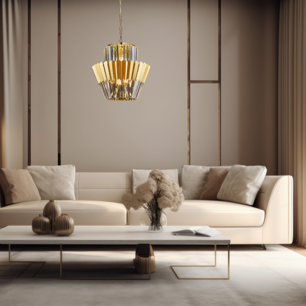 LAMPA WISZĄCA KRYSZTAŁOWA Z KRYSZTAŁKAMI GLAMOUR DO SALONU SYPIALNI MILAGRO Żyrandol DONNA GOLD 9xE14