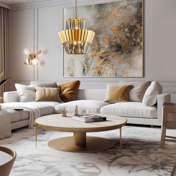 LAMPA WISZĄCA KRYSZTAŁOWA Z KRYSZTAŁKAMI GLAMOUR DO SALONU SYPIALNI MILAGRO Żyrandol DONNA GOLD 9xE14