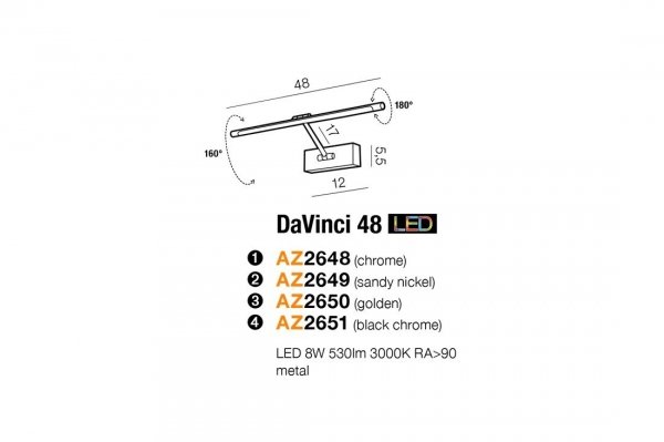 AZZARDO DAVINCI 48 AZ2651 KINKIET NOWOCZESNY REGULOWANY CZARNY CHROM