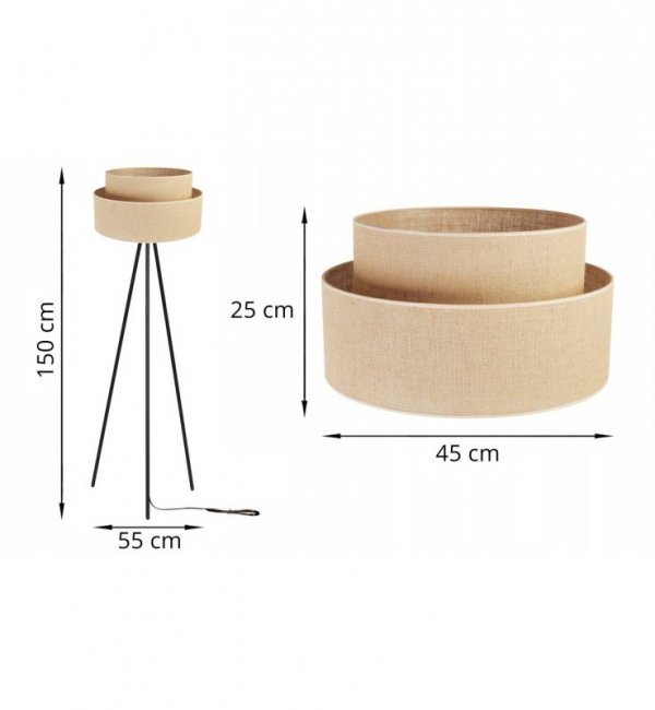 Lampa stojąca, metalowy trójnóg, abażur juta typu tort beżowy, 45 cm, E27 LIGHT HOME
