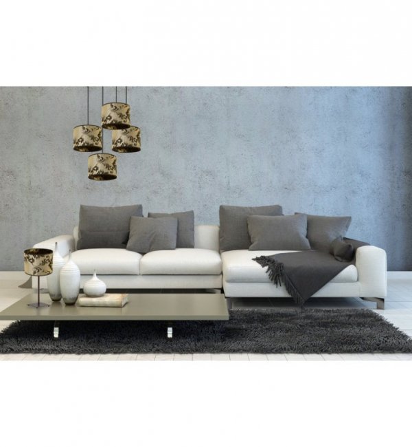 Lampka stołowa z materiałowym abażurem 20 cm, kolor złoty, czarny wzór, metalowy stelaż, E27 LIGHT HOME
