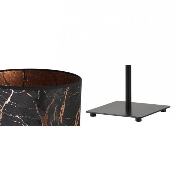 Lampka stołowa z materiałowym abażurem 20 cm, kolor czarny, miedziany wzór marmur, metalowy stelaż, E27