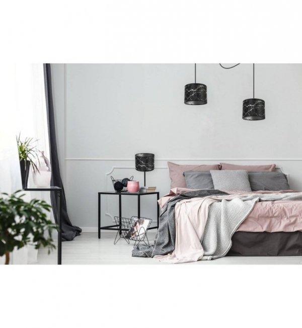 Lampka stołowa z materiałowym abażurem 20 cm, kolor czarny, srebrny wzór marmur, metalowy stelaż, E27 LIGHT HOME