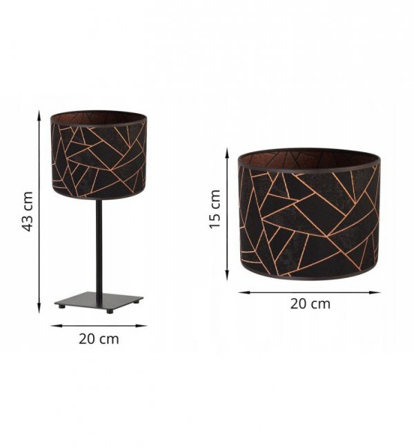 Lampa stołowa z materiałowym abażurem 20 cm, czarny, miedziany wzór geometryczny, metalowy stelaż, E27
