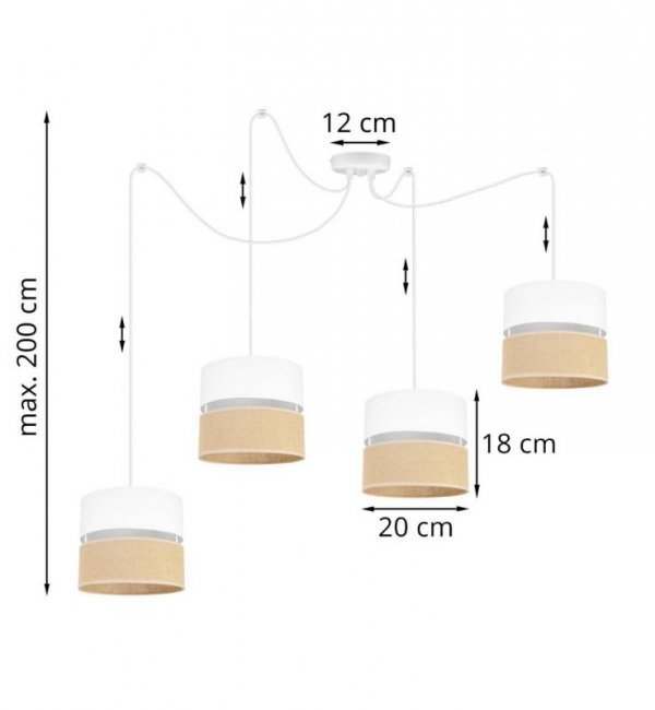 Wisząca lampa JUTA typu pająk, abażur z prześwitem, 4 źródła światła, regulowana, biało - beżowa, E27