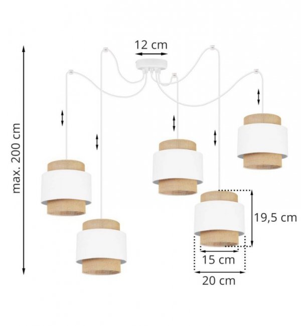 Lampa wisząca BOHO spider, 5 jutowych abażurów, biała konstrukcja, regulowana wysokość