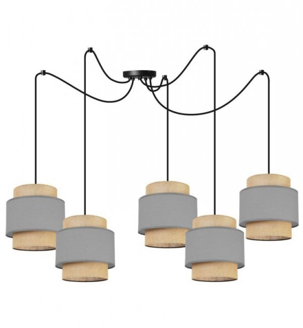 Lampa wisząca BOHO, pająk, 5 abażurów, metalowa konstrukcja, regulacja wysokości, szary, beż