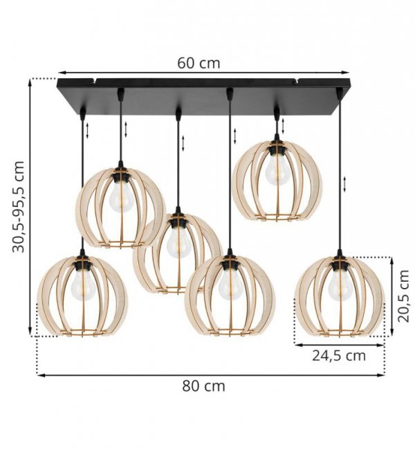 Lampa wisząca na prostokątnej listwie sufitowej 60 cm z 6 drewnianymi, okrągłymi kloszami ażurowymi 24,5 cm, E27 LIGHT HOME