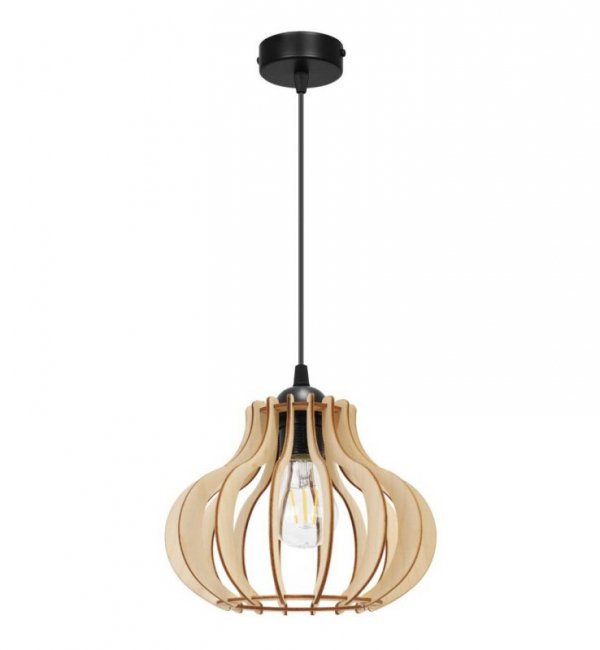 Lampa wisząca z drewnianym ażurowym kloszem 23 cm o oryginalnym kształcie na okrągłej podsufitce 8 cm, E27 LIGHT HOME