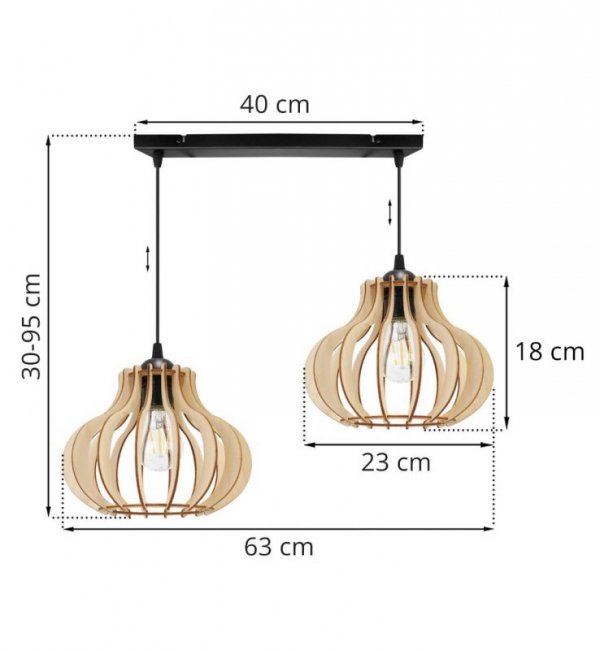 Lampa wisząca z prostokątną listwą sufitową 40 cm i dwoma drewnianymi kloszami 23 cm o oryginalnym kształcie, E27