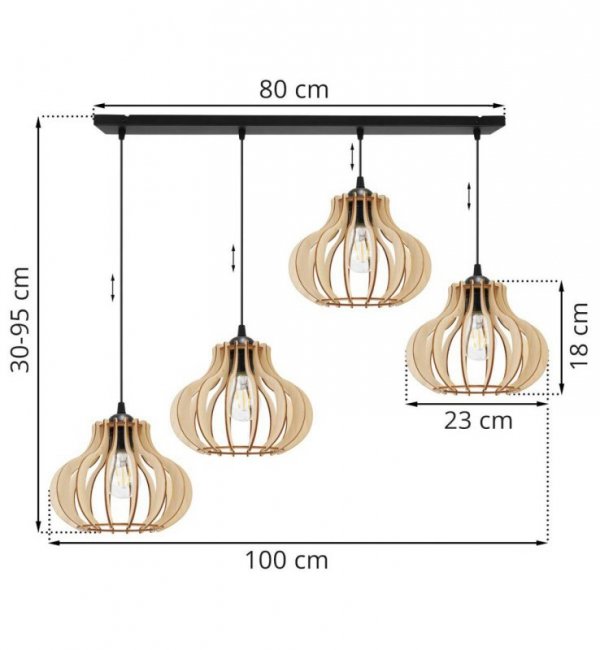 Lampa wisząca na szerokiej listwie 80 cm z 4 drewnianymi kloszami 23 cm w oryginalnym kształcie, E27 LIGHT HOME