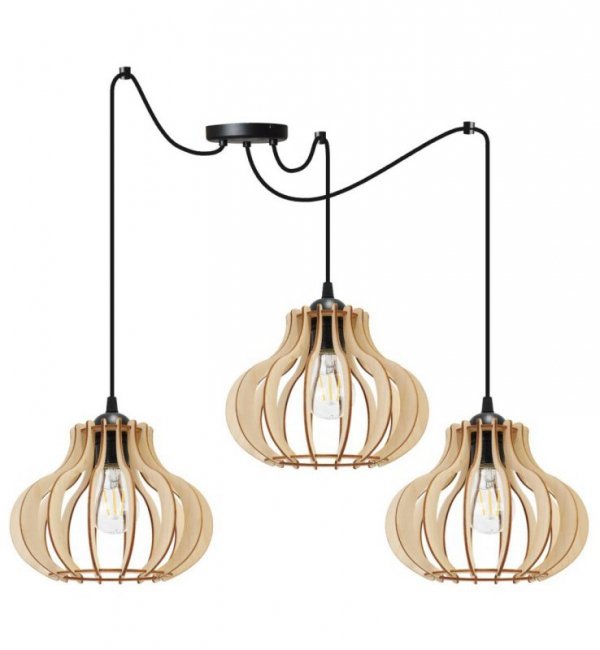 Lampa wisząca typu pająk, 3 drewniane klosze ażurowe o oryginalnym kształcie 23 cm, okrągła podsufitka, E27 LIGHT HOME