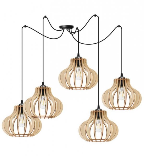 Lampa wisząca typu pająk, 5 drewnianych kloszy ażurowych o oryginalnym kształcie 23 cm, okrągła podsufitka, E27 LIGHT HOME
