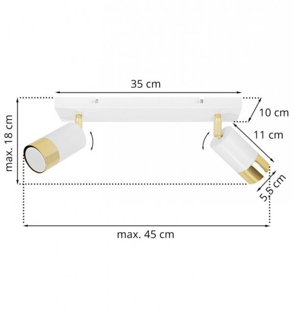 Lampa ścienno-sufitowa na białej listwie 35 cm z dwoma regulowanymi reflektorami 5,5 cm w kolorze biało-złotym, GU10 LIGHT HOME