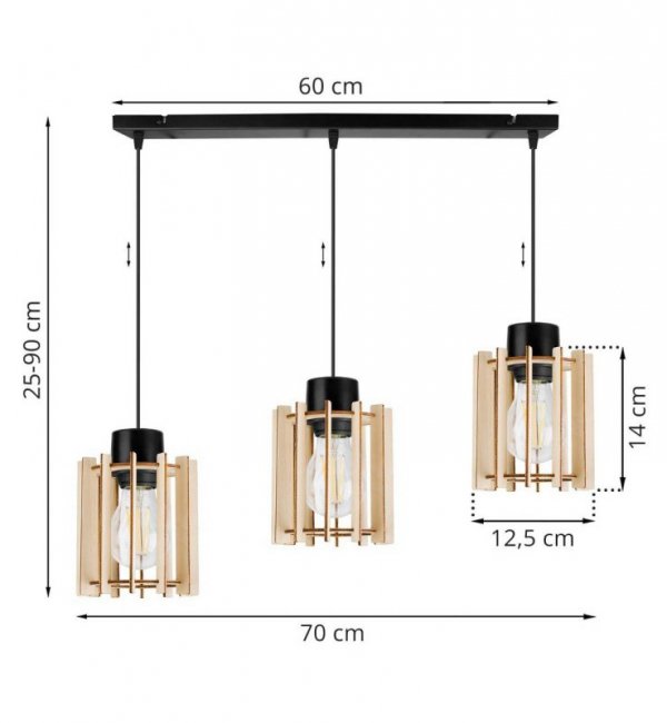 Regulowana lampa wisząca, prostokątna podsufitka, 3 klosze podłużne z drewnianych lameli 12,5 cm, E27