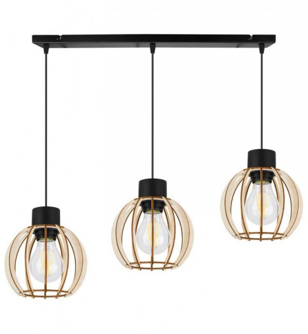 Regulowana lampa wisząca, prostokątna podsufitka, 3 klosze okrągłe z drewnianych lameli, 16 cm, E27 LIGHT HOME