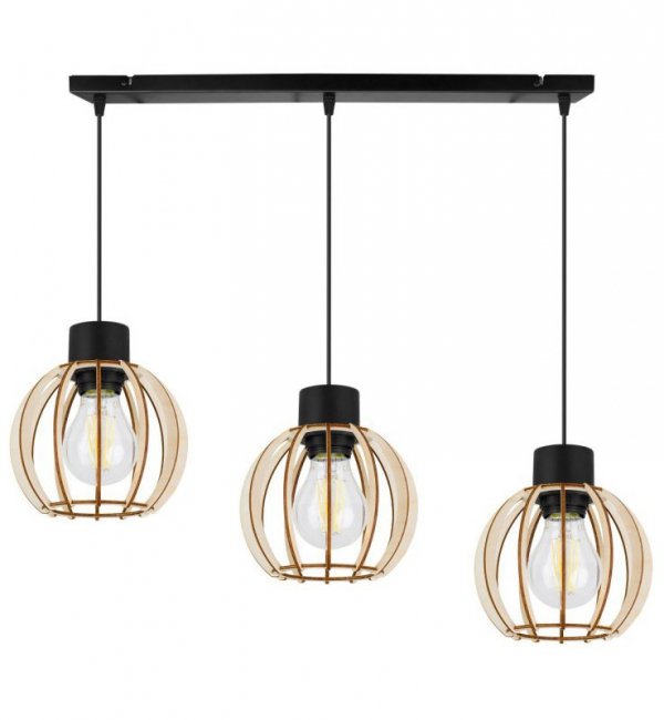 Regulowana lampa wisząca, prostokątna podsufitka, 3 klosze okrągłe z drewnianych lameli, 16 cm, E27 LIGHT HOME