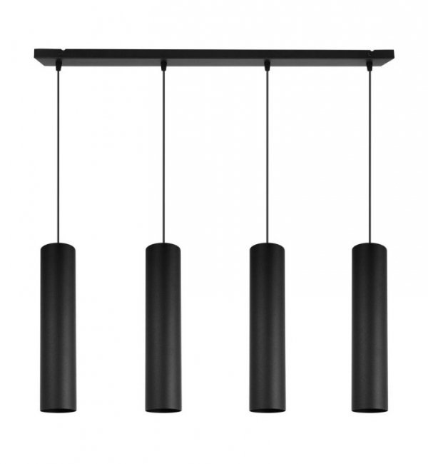 Lampa wisząca na szerokiej prostokątnej listwie 66 cm, 4 czarne podłużne wąskie klosze metalowe tuba 6 cm, GU10 LIGHT HOME
