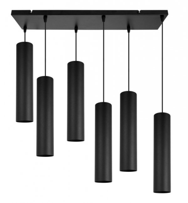 Lampa wisząca na szerokiej prostokątnej listwie 60 cm, 6 podłużnych wąskich czarnych kloszy metalowych tuba 6 cm, GU10 LIGHT HOME